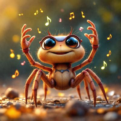 The primary subject of the image is a cartoon spider with a smiling face, standing on a rocky surface. The setting is a forest, with a background of trees and a sky visible. The visual style is a digital art or illustration, creating a whimsical and playful atmosphere. The colors are predominantly earthy tones, such as brown and green, which contribute to the natural and lively mood of the scene.